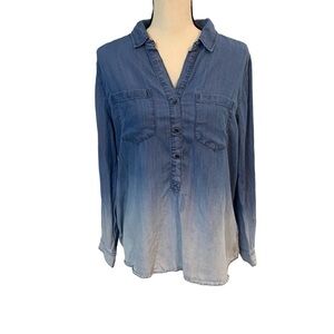 Beachlunchlounge Blue Dip Ombré Chambray Button Up Shirt or Swim Cover Up Sz M